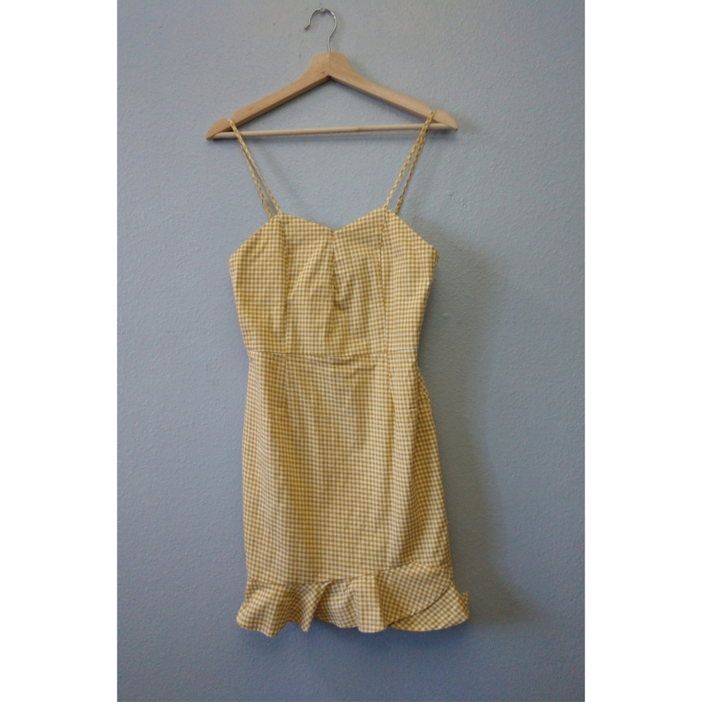 Olive Scent Womens Large Gingham Yellow White Peplum Dress Mini Pinup
